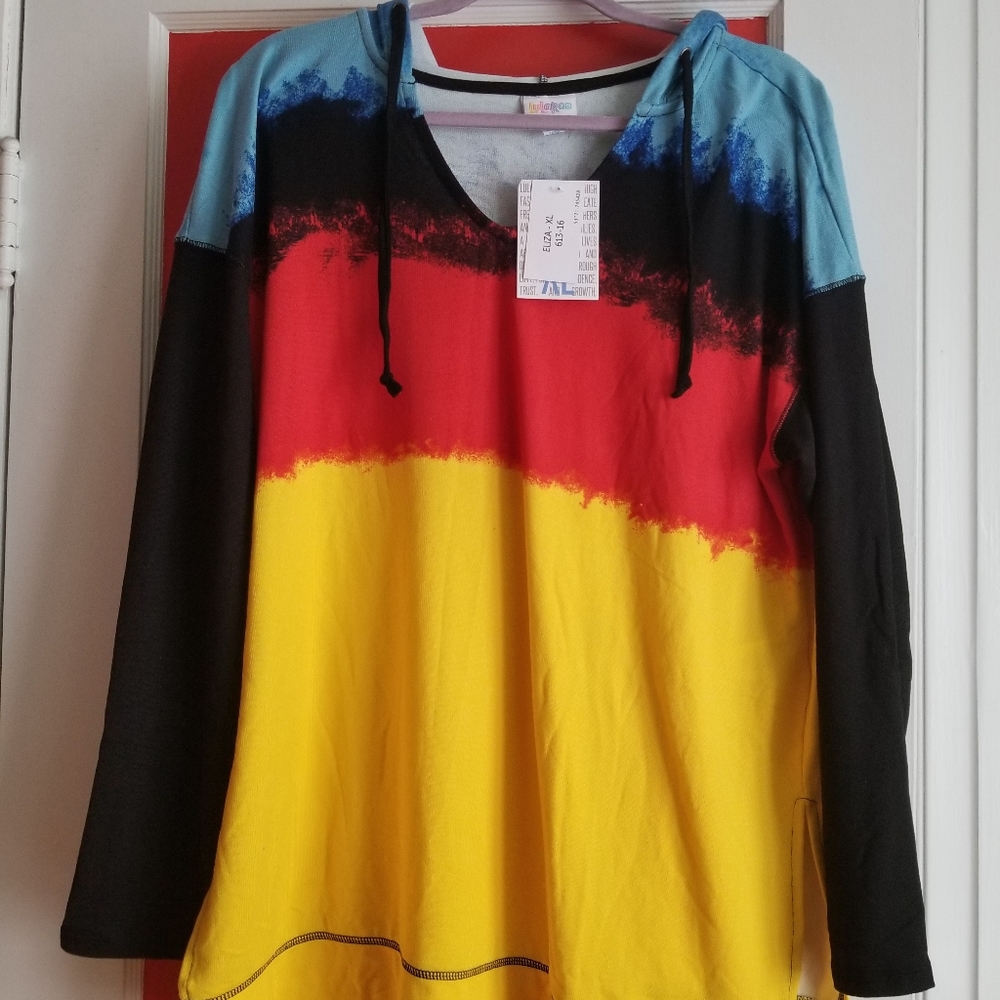 Lularoe Eliza XL hooded long sleeve shirt. Multi-colored NWT